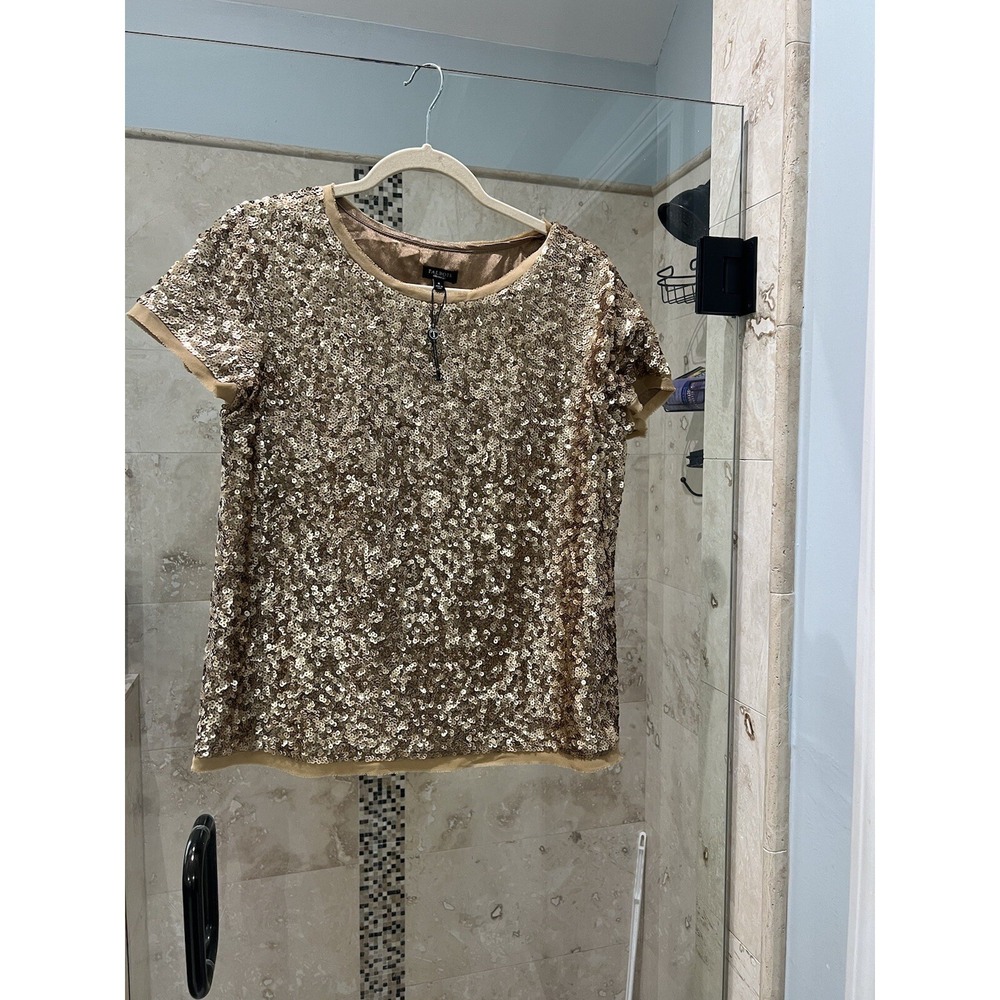 Talbots Gold Sequin Silk Top Women Size 8 M Short Sleeve Blouse CN365